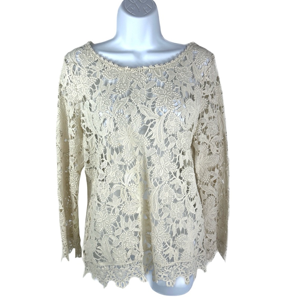 Pink Martini open weave crochet lace long sleeve scoop neck top - ivory Sz Large